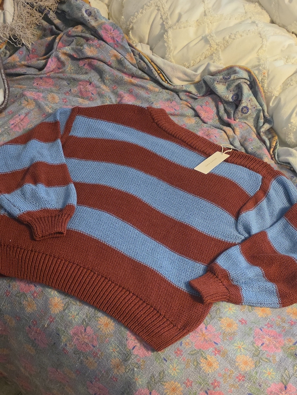 Altar'd State Rust and Sky Blue Striped Crewneck Sweater
